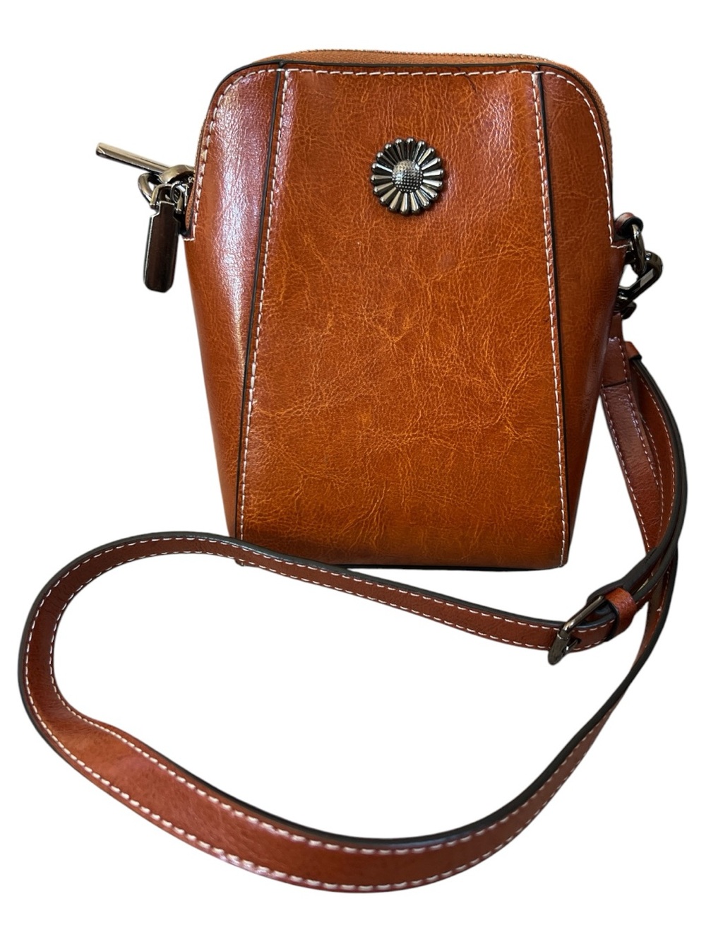 Compact Cognac Brown Crossbody Bag with Decorative Concho